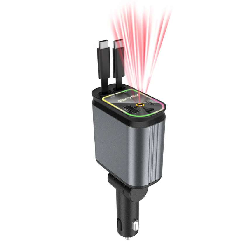 Încărcător Auto Retractabil 4-in-1, Fast Charge PD 30W, USB-C, USB-A, Lumini RGB