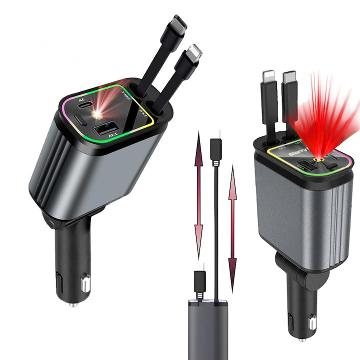 Încărcător Auto Retractabil 4-in-1, Fast Charge PD 30W, USB-C, USB-A, Lumini RGB