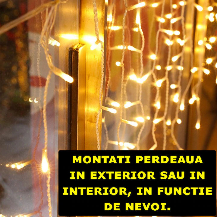 Instalație Crăciun Tip Turturi, 3m, 70 LED Alb Cald, 8 Moduri, Interconectabilă, Perdea cu Franjuri, Fir Alb, Exterior & Interior