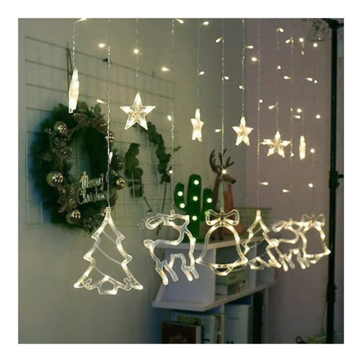 Instalație Crăciun tip Perdea, 4m, LED Alb Rece, 8 Jocuri de Lumină, Interconectabilă, Figurine Brazi, Reni și Clopoței, Fir Transparent