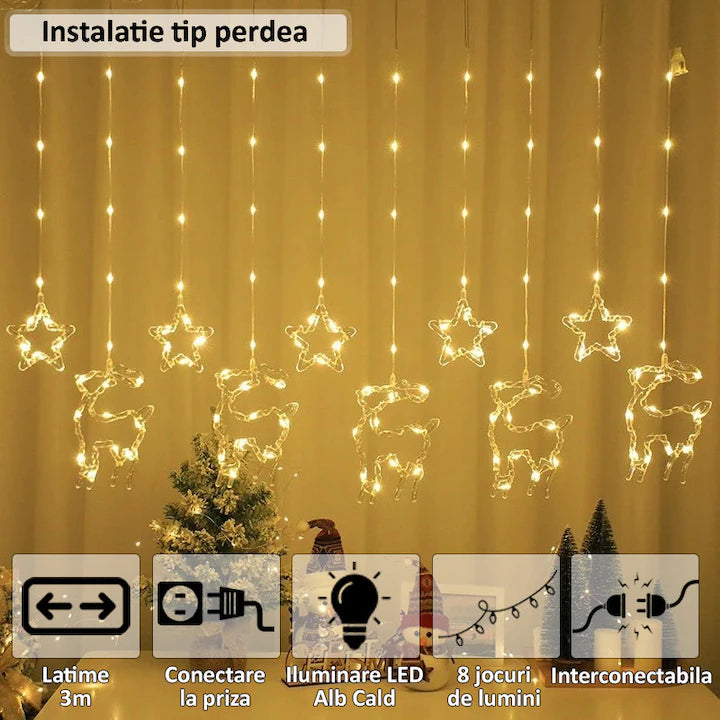 Instalație Crăciun tip Perdea, LED Alb Cald, 3m, 8 Jocuri de Lumină, Interconectabilă, Stele și Reni, Telecomandă pe Fir