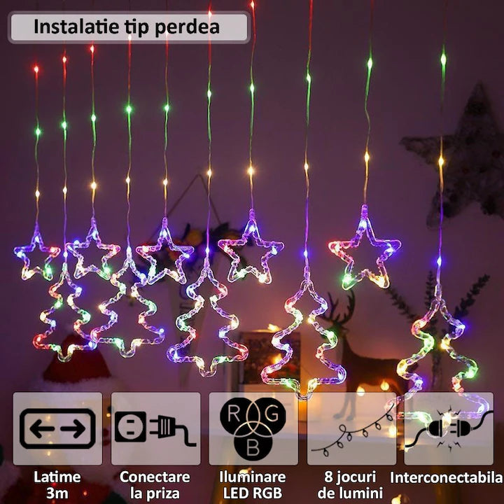 Instalație Crăciun tip Perdea, LED RGB Multicolor, 3m, 8 Jocuri de Lumină, Interconectabilă, Stele și Brazi, Telecomandă pe Fir