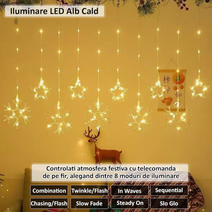 Instalație de Crăciun tip Perdea, LED Alb Cald, 3m, 8 Jocuri de Lumină, Interconectabilă, Stele și Fulgi, Telecomandă pe Fir