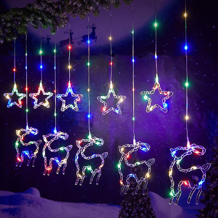 Instalație de Crăciun tip Perdea, LED RGB Multicolor, 3m, Interconectabilă, 8 Jocuri de Lumină, Stele și Reni