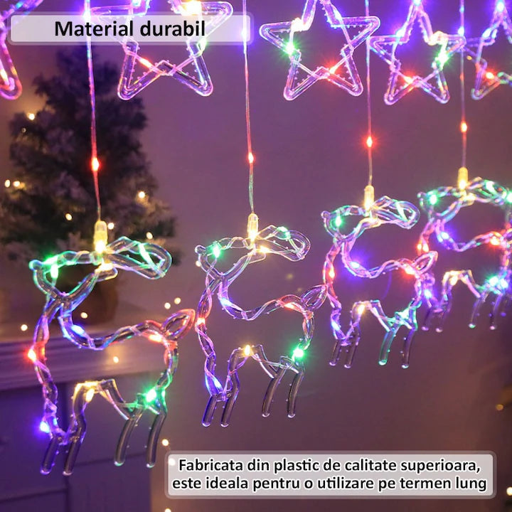 Instalație de Crăciun tip Perdea, LED RGB Multicolor, 3m, Interconectabilă, 8 Jocuri de Lumină, Stele și Reni