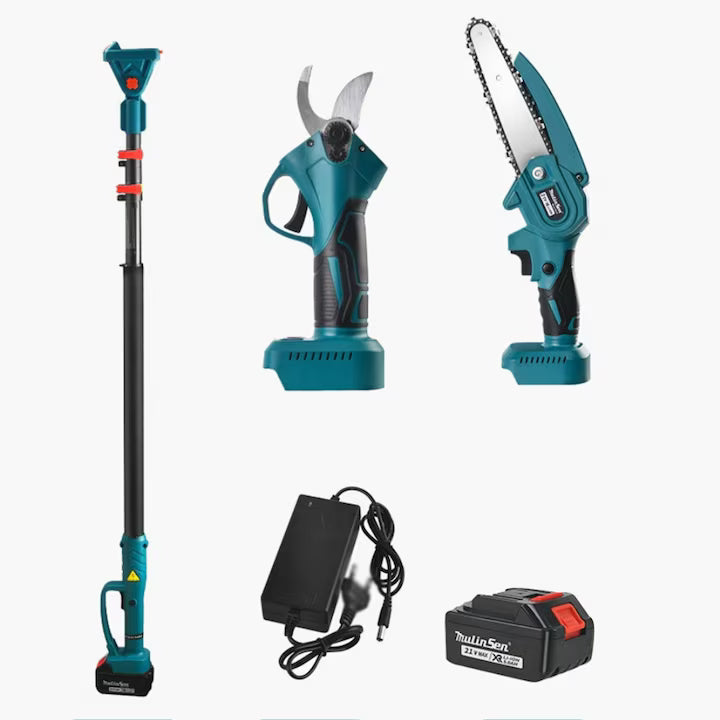 Kit Gradina 2 in 1: Mini Drujba cu Tija Telescopica si Foarfeca Electrica | 2 Acumulatori 48V