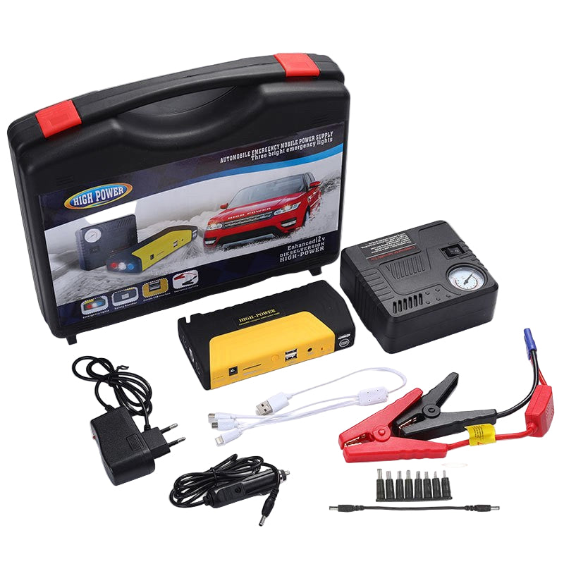 Kit Multifuncțional de Urgență Auto 4-în-1 | Robot de Pornire 600A, Compresor Aer 12V, Power Bank și Lanternă LED