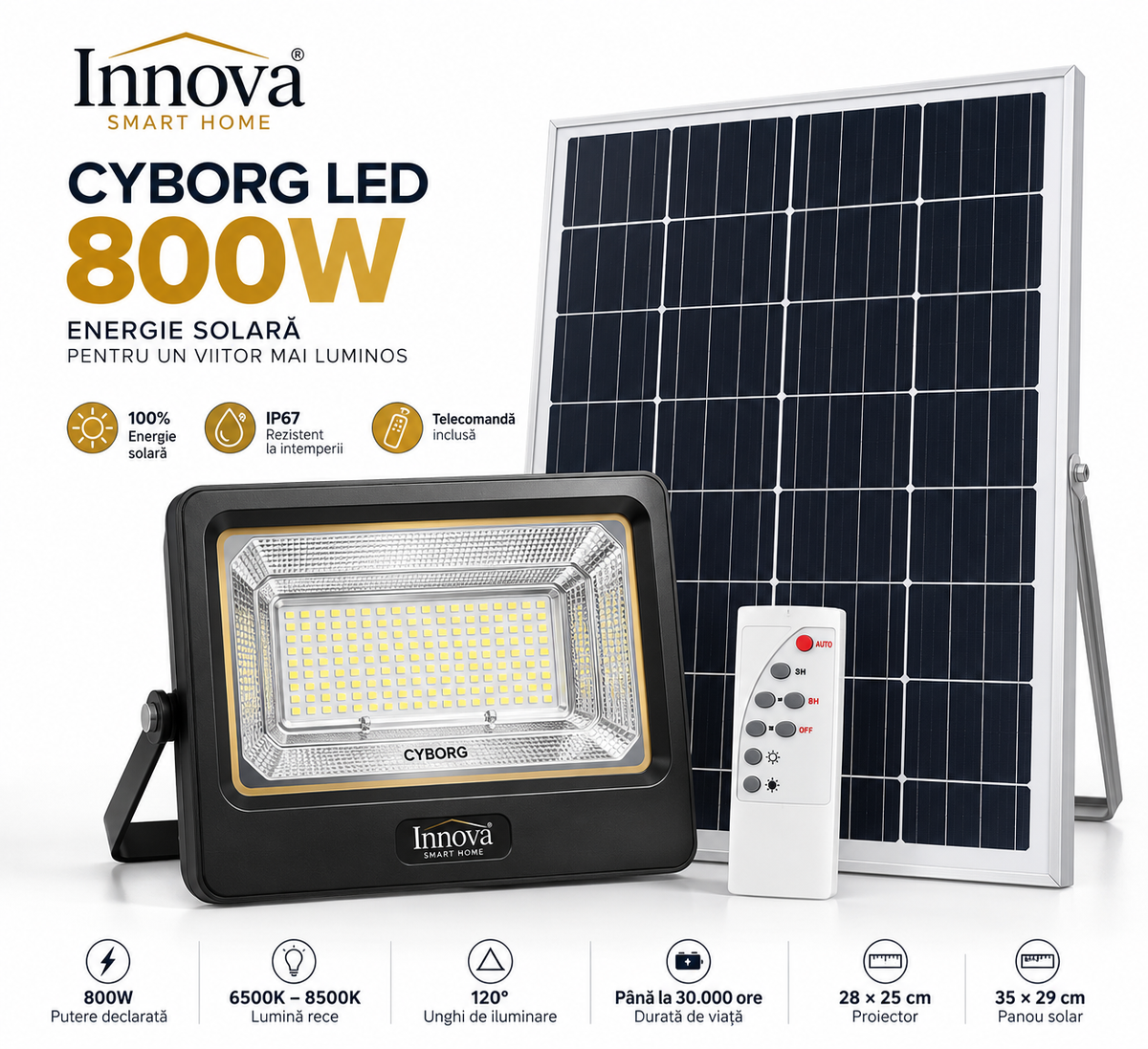 Proiector Solar LED INNOVA Smart Home Cyborg 800W, Panou Solar, Telecomandă, IP67