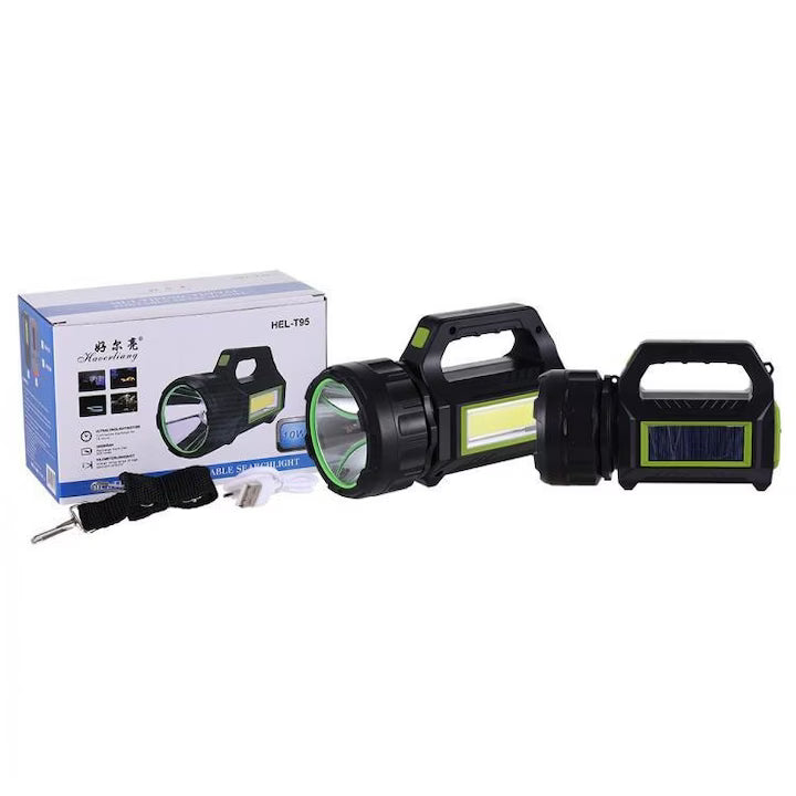 Lanternă de mână HEL-T95, LED COB, încărcare solară, acumulator 20000mAh, Power Bank, 600 lumeni