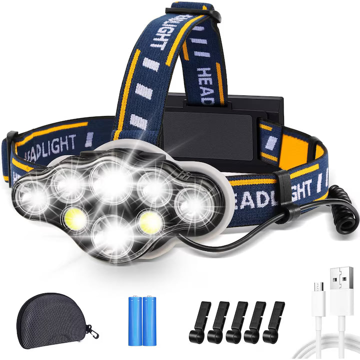 Lanternă de cap 8 LED, rotire 90°, 2 acumulatori, 8 moduri,  încărcare USB, rezistentă la apă