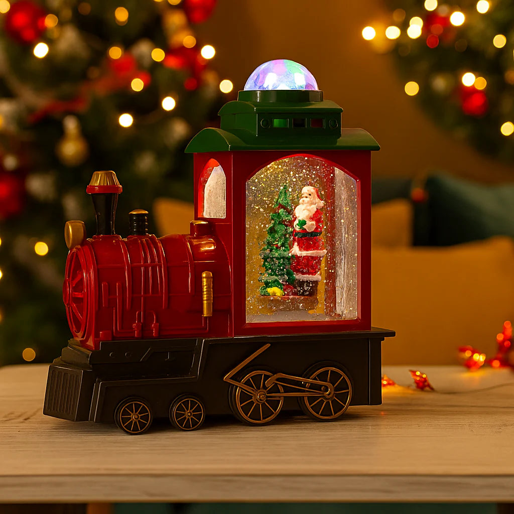 Locomotiva Decorativa de Craciun cu Glob de Zapada Animat, Mos Craciun, Melodii Festive, Lumini LED si Efect Ninsoare, Vintage