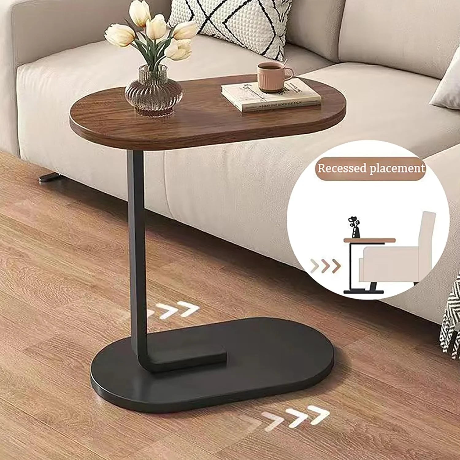 Măsuță Laterală Tip "C" pentru Canapea și Pat | Blat Nuc, Design Oval | Masă pentru Cafea, Laptop sau Gustări