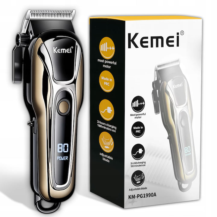 Mașină de Tuns Profesională pentru Bărbați, Kemei - 1990 Păr și Barbă, Display LCD, Lamă Reglabilă 0,1-13 mm, 4 Piepteni, USB, Fără Fir, Negru