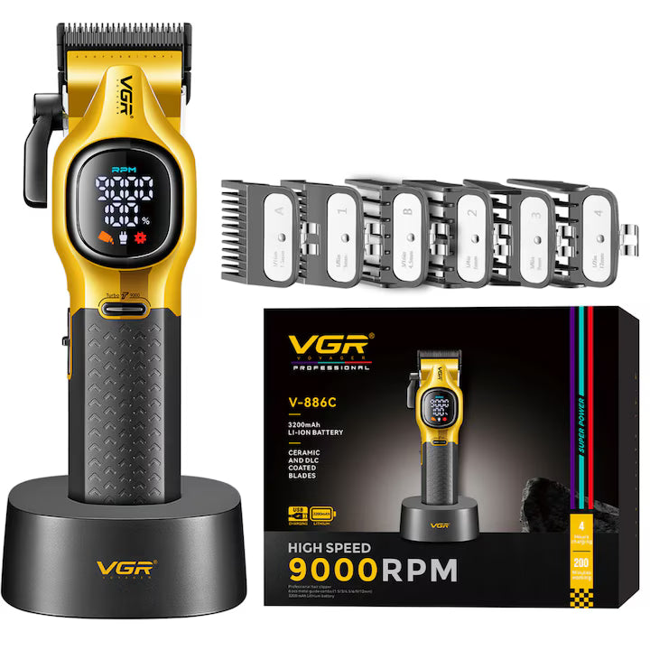 Mașină de Tuns VGR V-886C, Acumulator, 120 Min Autonomie, Încărcare USB Type-C, Display LED, Lame Inox, Auriu