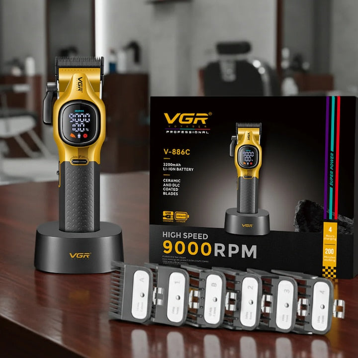 Mașină de Tuns VGR V-886C, Acumulator, 120 Min Autonomie, Încărcare USB Type-C, Display LED, Lame Inox, Auriu