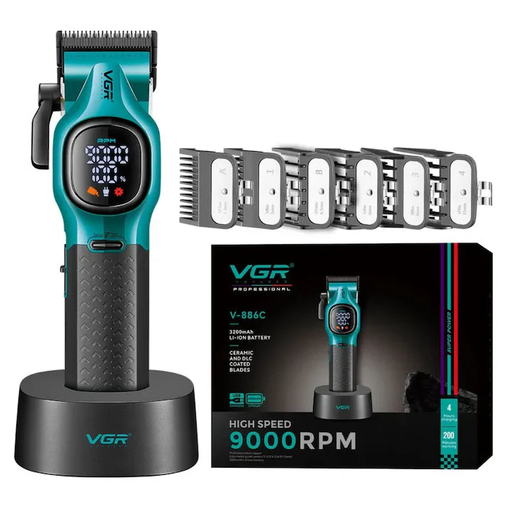 Mașină de Tuns VGR V-886C, Acumulator, 120 Min Autonomie, Încărcare USB Type-C, Display LED, Lame Inox, Verde