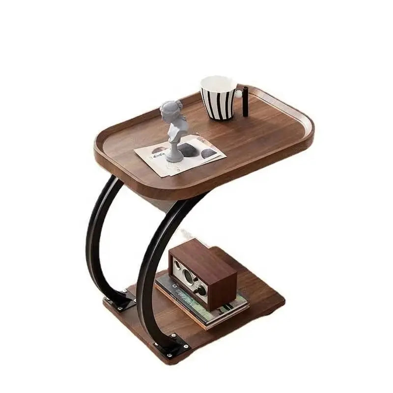 Măsuță de Cafea Mobilă în Formă de C, cu 2 Niveluri și Roți, 52x34x60cm, Design Nordic