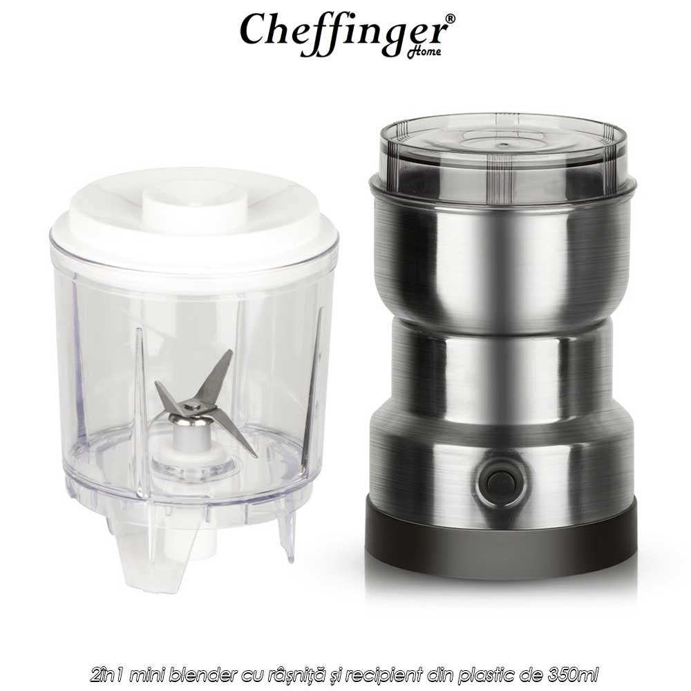 Mini Blender 2 in 1 Cheffinger Home CGB300, 300W, cu Rasnita de Cafea Atasabila, Recipient 350ml, Functie Pulse, Baza Inox