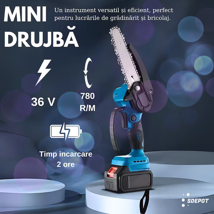 Mini Drujbă / Fierăstrău Fără Fir cu Lamă de 6 inch, 2 Acumulatori 36V, Kit Inclus