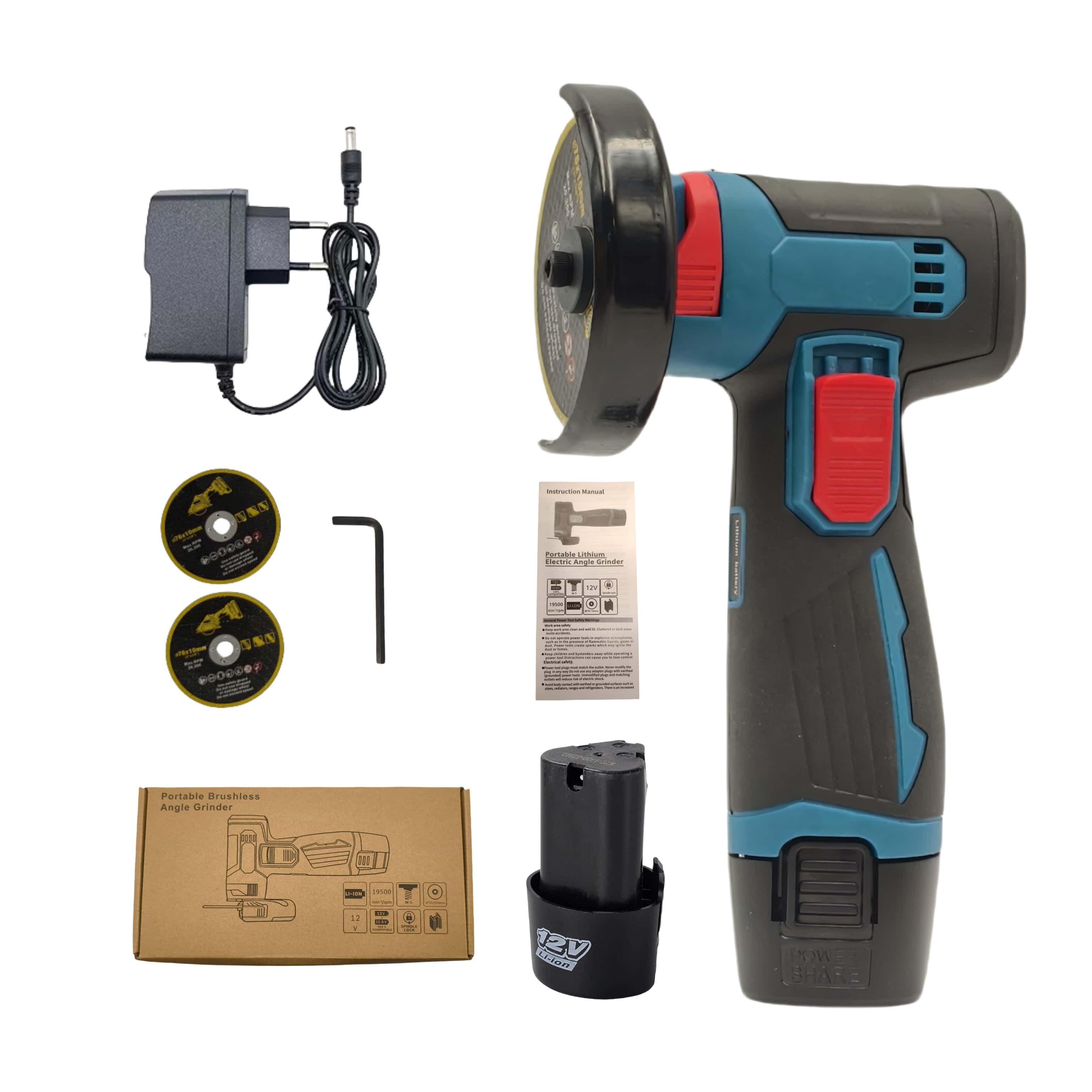 Mini Polizor Unghiular cu Acumulator 12V, 19500 RPM, Flex Portabil cu 2 Baterii, Discuri Metal 75mm