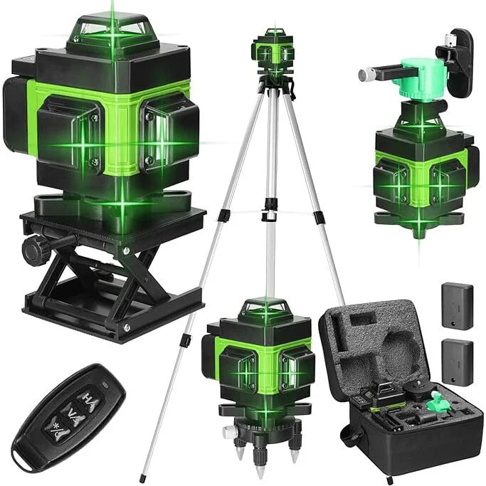 Nivela Laser 4D cu 16 Linii – Autonivelare, Telecomandă, Lumină Verde și Trepied Inclus | Laser Profesional pentru Construcții și Amenajări