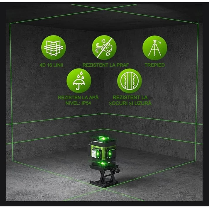 Nivela Laser 4D cu 16 Linii – Autonivelare, Telecomandă, Lumină Verde și Trepied Inclus | Laser Profesional pentru Construcții și Amenajări