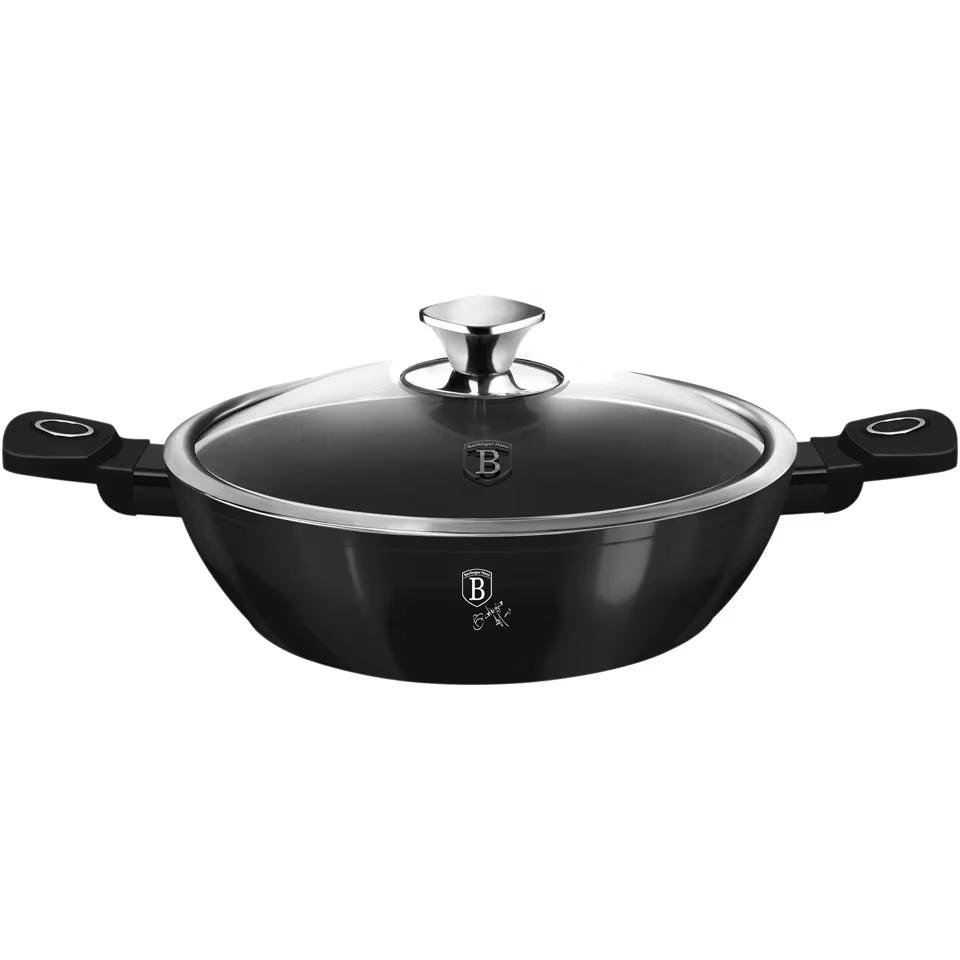 Oală Mică Adâncime cu Capac 28 cm, 3.8L, Aluminiu Forjat, Negru Metalic – Berlinger Haus