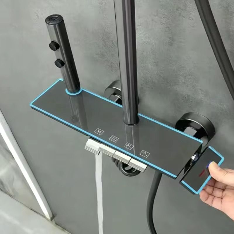 Set de duș inteligent cu afișaj digital – Aluminiu gri metalizat, cap pătrat tip ploaie, 5 moduri de pulverizare, montaj pe perete