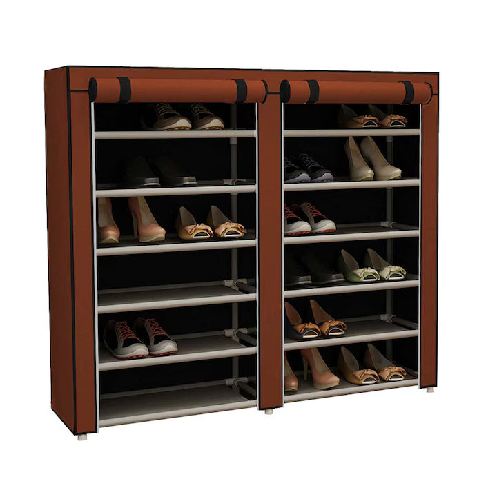 Pantofar Textil cu Husă, 12 Rafturi, 112x106x28 cm - Maro