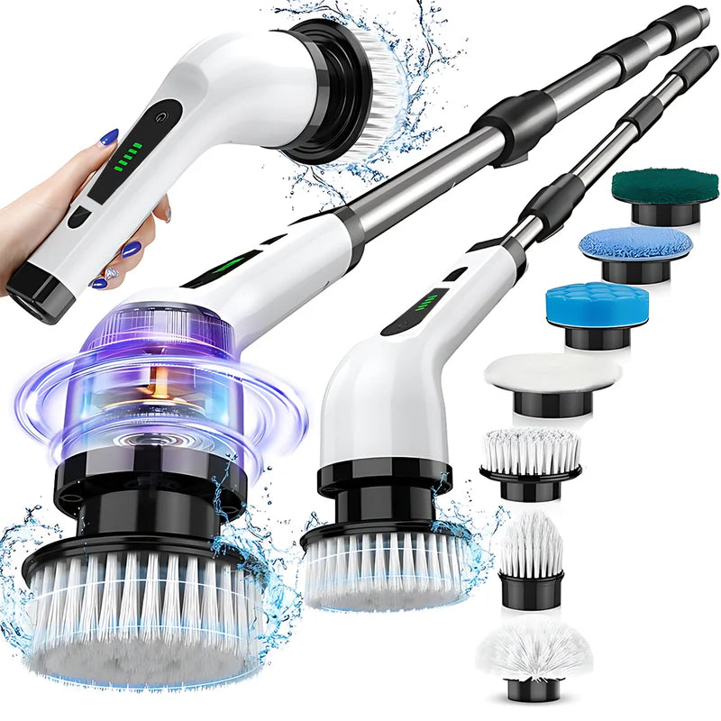 Perie Electrică Rotativă 9-în-1 Fără Fir, cu Mâner Telescopic și 2 Viteze