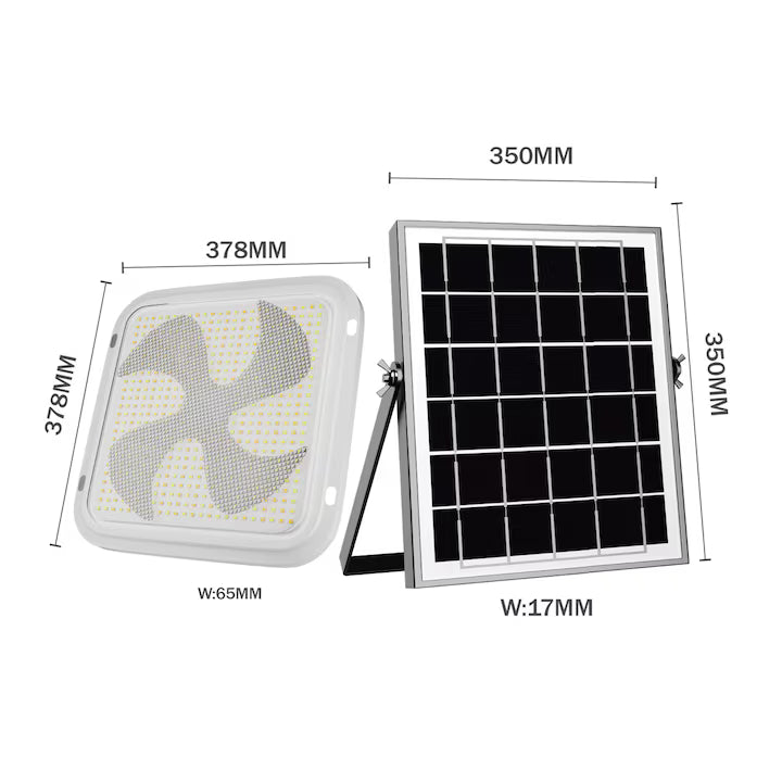 Plafonieră LED JORTAN® cu Încărcare Solară, 300W, Panou Solar Separat, Telecomandă, Formă Pătrată 37.8 cm, Lumină Alb Rece 6500K, Autonomie 12h, IP44