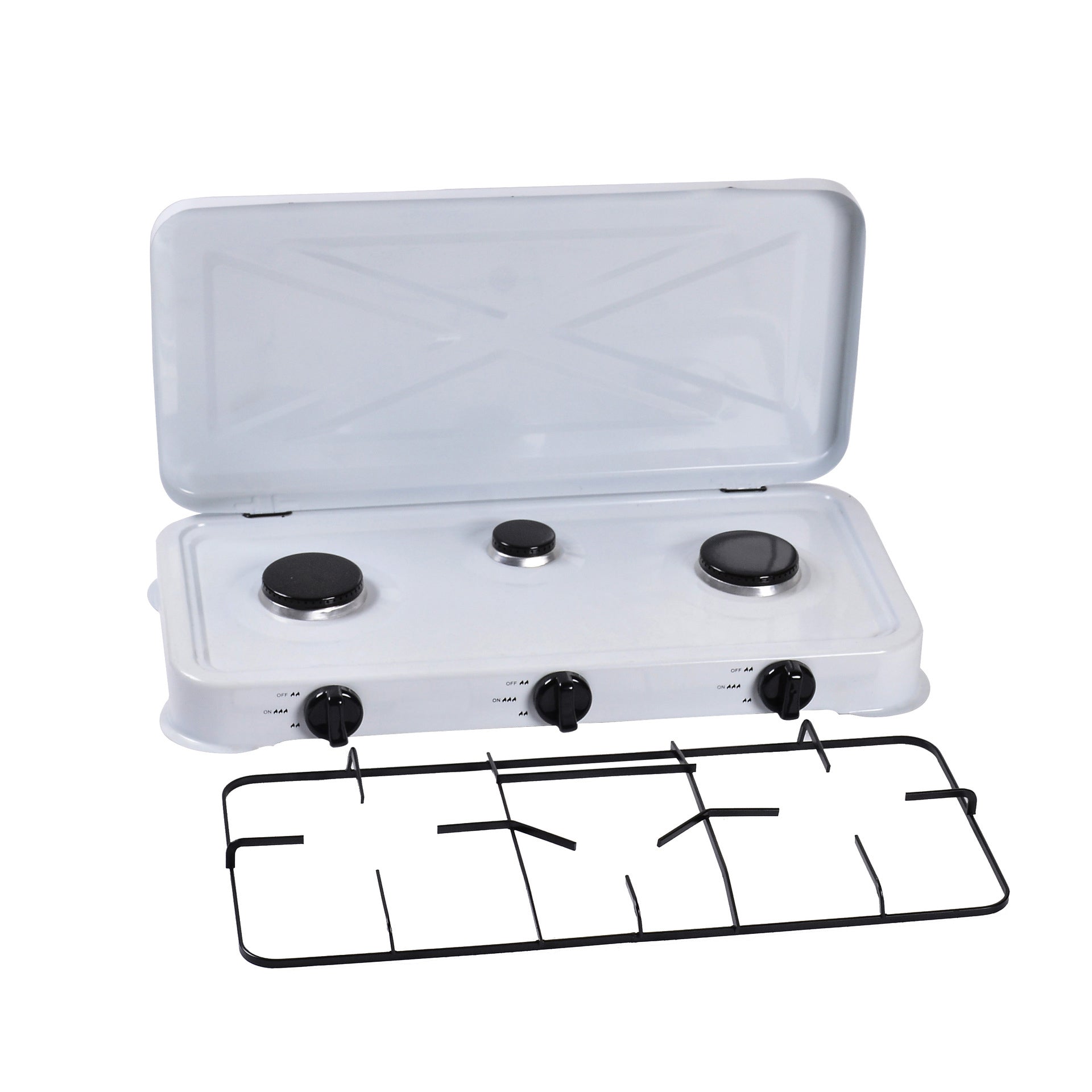 Plită pe Gaz cu 3 Arzatoare pentru Butelie | Aragaz Portabil de Exterior, Oțel Emailat, Alb, 60x30 cm