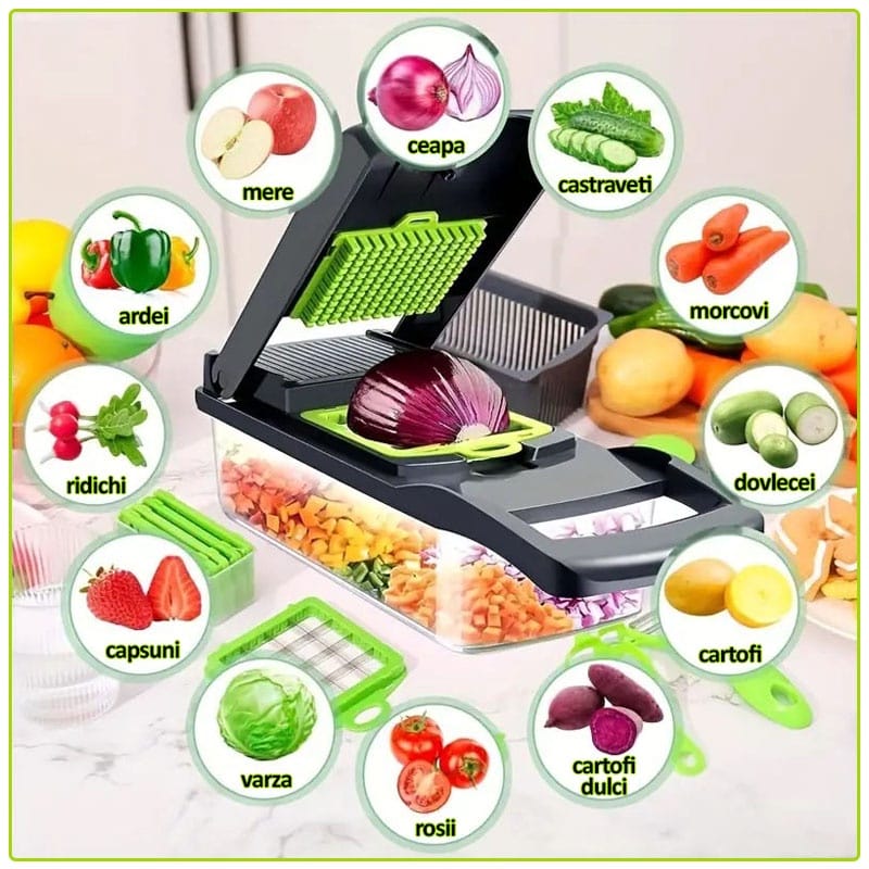 Răzătoare Multifuncțională 8 în 1 cu Feliator de Legume, Tocător Manual, Lame din Inox, Coș de Scurgere și Separator de Ouă