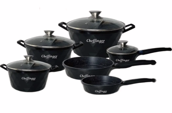 Set 10 Vase de Gătit Cheffinger, Aluminiu Turnat, Acoperire Marmurată Antiaderentă, Capace Sticlă, Compatibil Inducție / Gaz / Electric / Ceramic