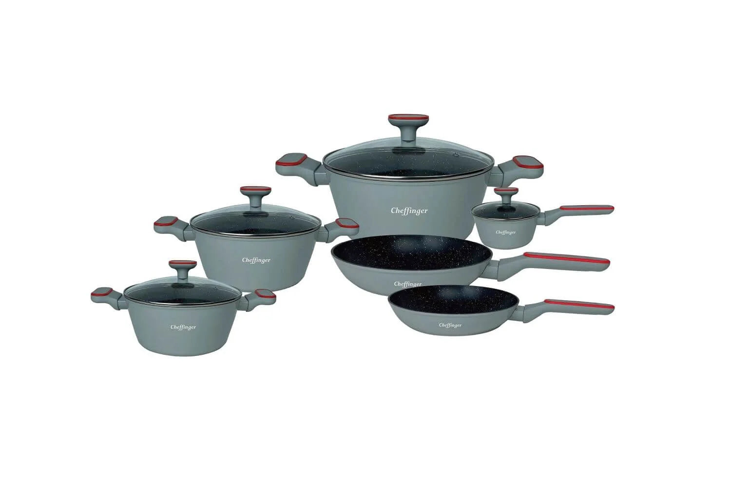 Set 10 Vase de Gătit Cheffinger, Aluminiu Turnat, Acoperire Marmurată Antiaderentă, Capace Sticlă, Compatibil Inducție Gaz Electric Ceramic