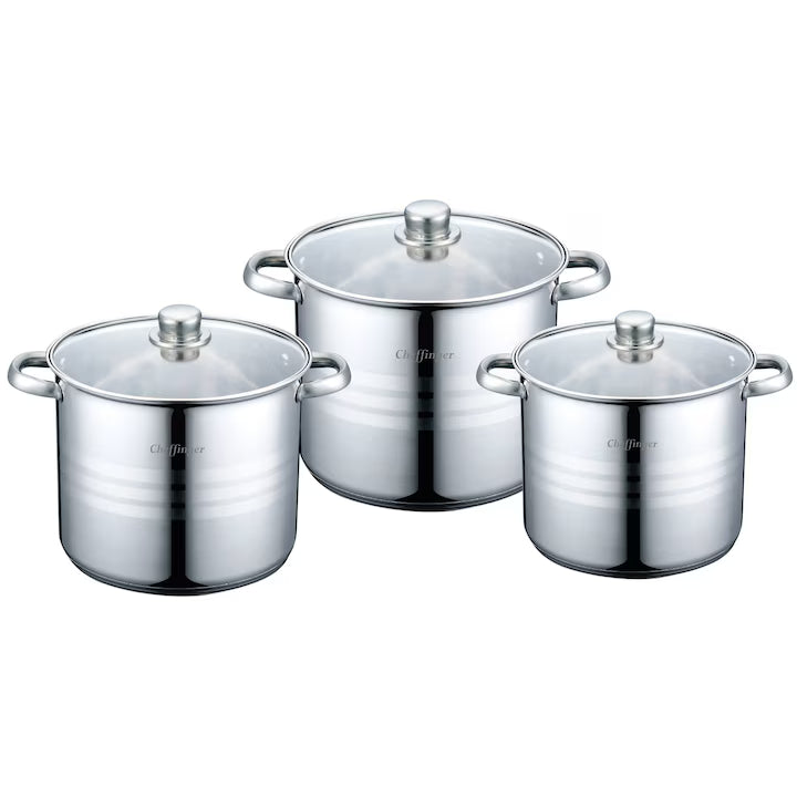 Set 3 oale din Oțel Inoxidabil cu Capace din Sticlă, 26/28/30 cm, 11.1L / 13.5L / 16.2L – Compatibile Gaz, Electric, Ceramic
