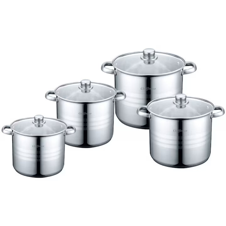 Set 4 Oale cu Capac 8 Piese, Inox Premium, Compatibile Inducție, 7.2L / 9L / 11.1L / 13.5L – Design Modern și Durabil