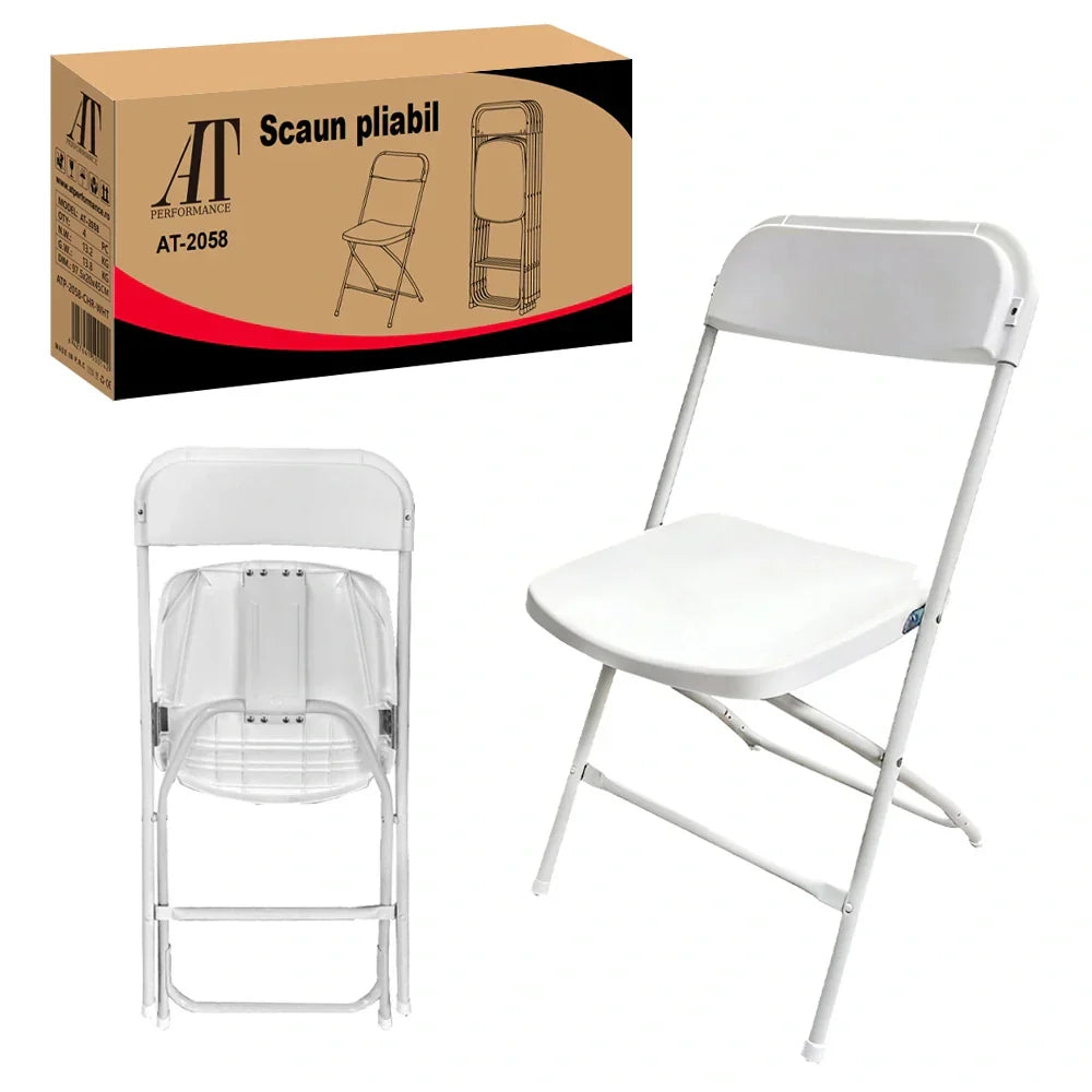 Set 4 Scaune Pliabile Albe, Cadru Metalic, Șezut și Spătar din Plastic, Interior/Exterior