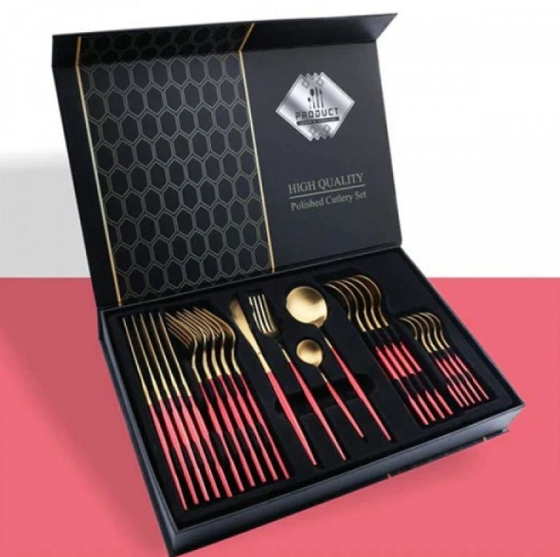 Set Tacâmuri Portugheze Red Gold 24 Piese din Inox, Finisaj Lucios Roșu-Auriu – Design Elegant pentru 6 Persoane, Ideal pentru Mese Festive