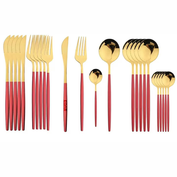 Set Tacâmuri Portugheze Red Gold 24 Piese din Inox, Finisaj Lucios Roșu-Auriu – Design Elegant pentru 6 Persoane, Ideal pentru Mese Festive