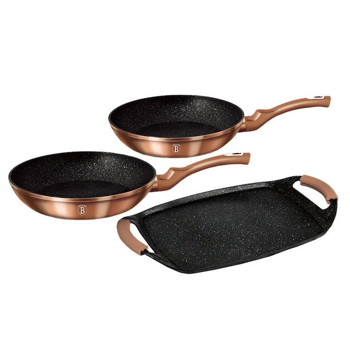 Set 2 Tigai (22/26 cm) si Placa Grill (36x23 cm), Aluminiu Forjat, 3 Straturi Marmura, Inductie, Auriu Rose