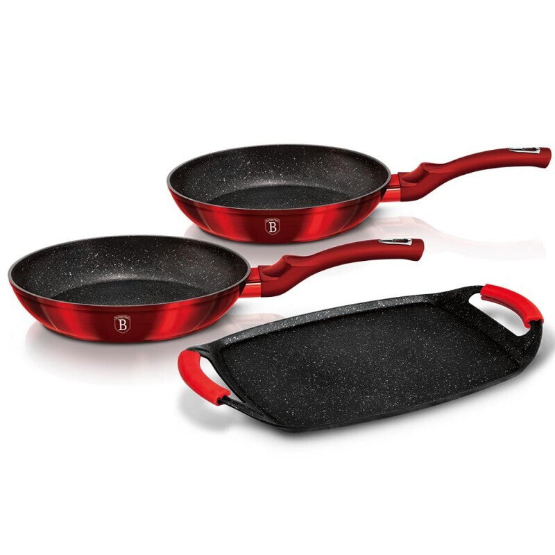 Set 2 Tigai (22/26 cm) si Placa Grill (36x23 cm), Aluminiu Forjat, 3 Straturi Marmura, Manere Silicon, Inductie, Rosu Burgundy