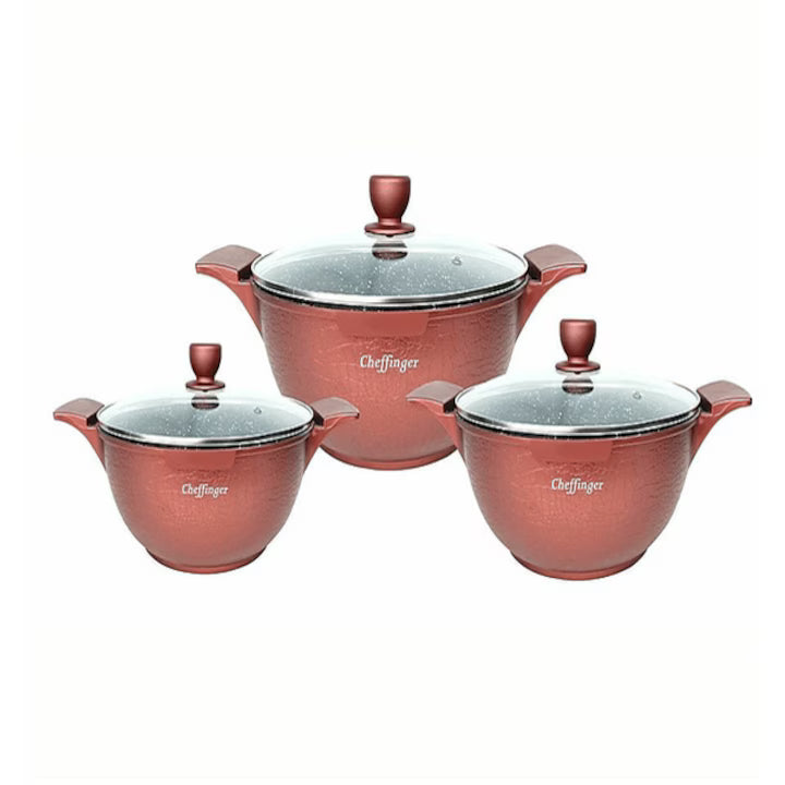 Set 3 Oale Marmorate Cheffinger Burgundy cu Capace din Sticlă Termorezistentă, 20/24/28 cm, Aluminiu Antiaderent
