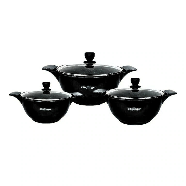 Set 3 Oale Marmorate Cheffinger Neagra cu Capace din Sticlă Termorezistentă, 20 24 28 cm, Aluminiu Antiaderent