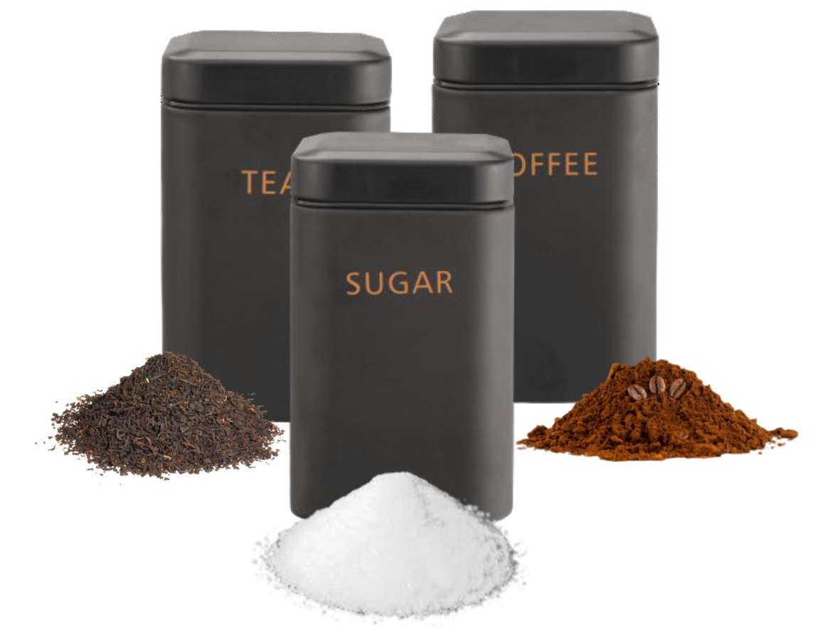 Set 3 Recipiente Depozitare Cheffinger, Metal Negru, Capace Etanșe, 9 x 14.5 cm – Pentru Zahăr, Cafea, Ceai, Făină