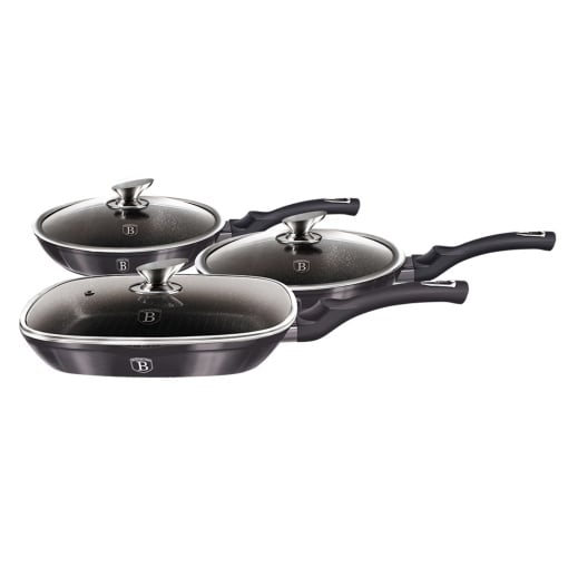 Set 3 Tigăi Marmorate cu Capace Berlinger Haus Carbon Pro BH 6923 – Ø20cm, Ø24cm, Ø28cm, Aluminiu Forjat, Turbo Induction, Antiaderente