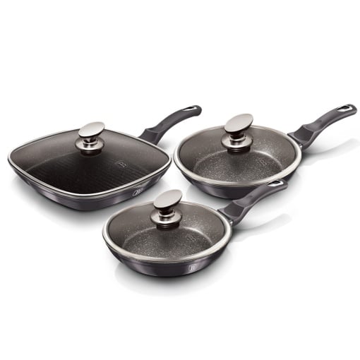 Set 3 Tigăi Marmorate cu Capace Berlinger Haus Carbon Pro BH 6923 – Ø20cm, Ø24cm, Ø28cm, Aluminiu Forjat, Turbo Induction, Antiaderente