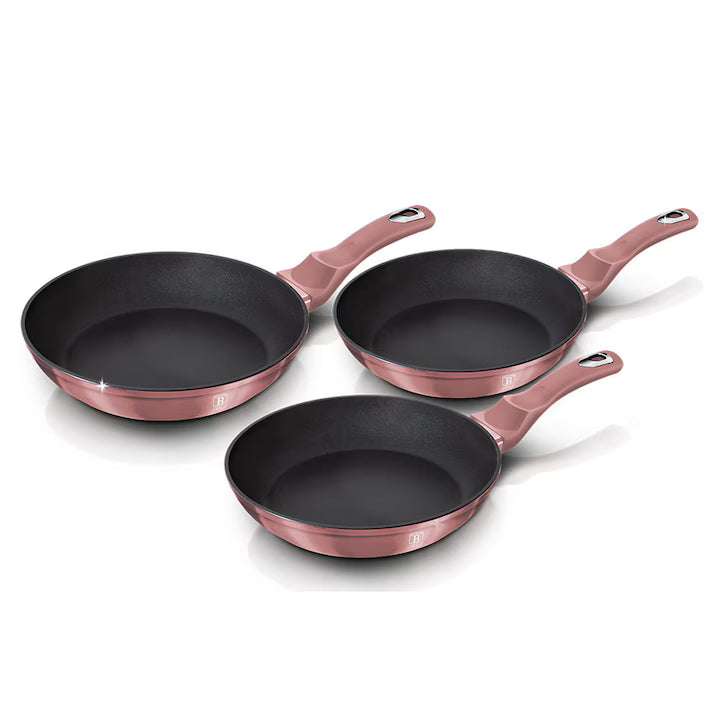 Set 3 Tigăi din Granit Berlinger Haus i-Rose Edition – Ø20cm, Ø24cm, Ø28cm, Aluminiu Forjat, Turbo Induction, Soft Touch, Culoare Rose Metalizat