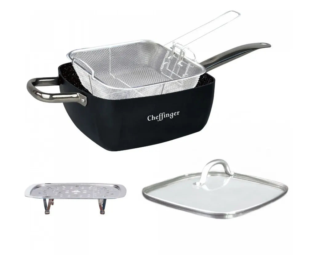 Set 4 Piese Tigaie Universală Patrată 24x24 cm, Aluminiu Forjat cu Acoperire Marmurată, Compatibilă Inducție, Cuptor și Gaz