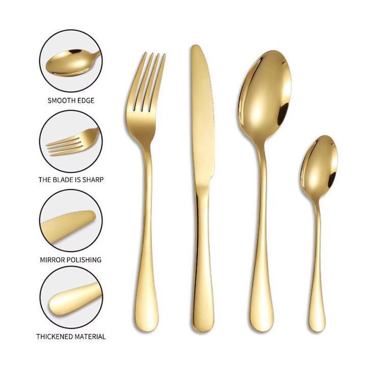 Set Tacâmuri Auriu 24 Piese din Inox, Finisaj Lucios, Design Elegant – Pentru 6 Persoane, Ideal pentru Mese Festive și Zilnice